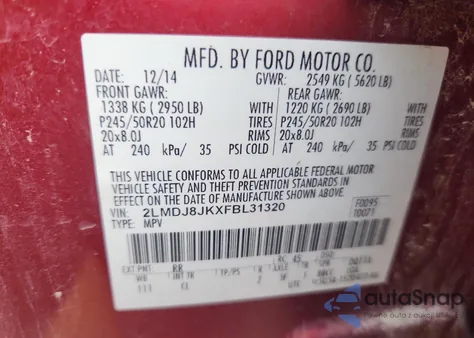 2015 Lincoln Mkx из США, поврежденный, VIN 2LMDJ8JKXFBL31320